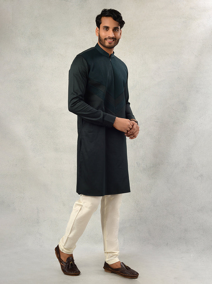 Straight-Cut Bottle Green Kurta Pajama for Men, Made from Silk Blend for Traditional Wear