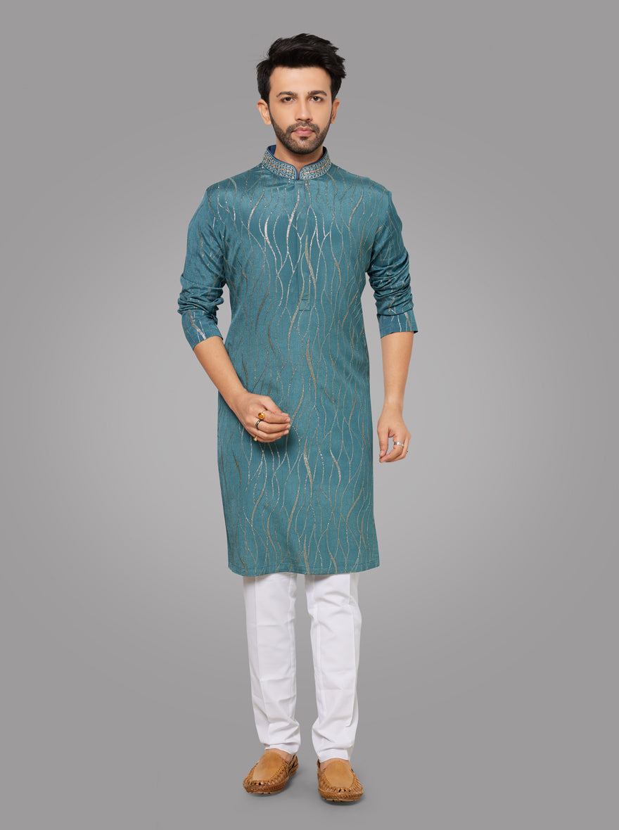 Men’s Dusty Aqua Blue Kurta Pajama with intricate embroidery for festive events.