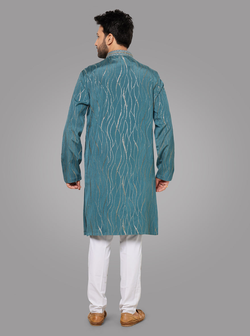 Stylish Dusty Aqua Blue Kurta Pajama for men, perfect for weddings and sangeet.