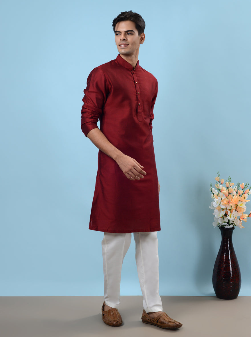 Luxurious maroon silk kurta pajama set that adds style and elegance to your ethnic wardrobe.