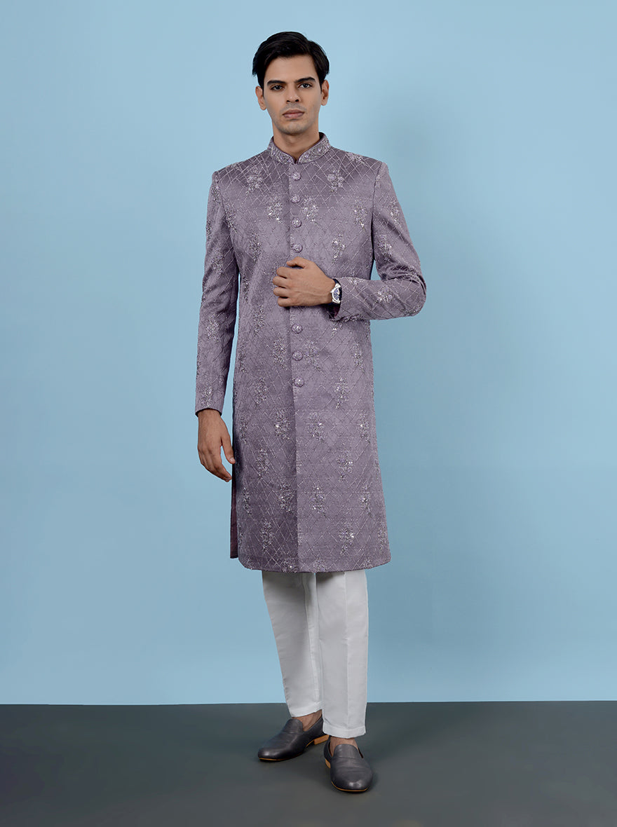 Elevate your festive wardrobe with this lavender Indo Western, offering sophistication and style for modern men in the USA.