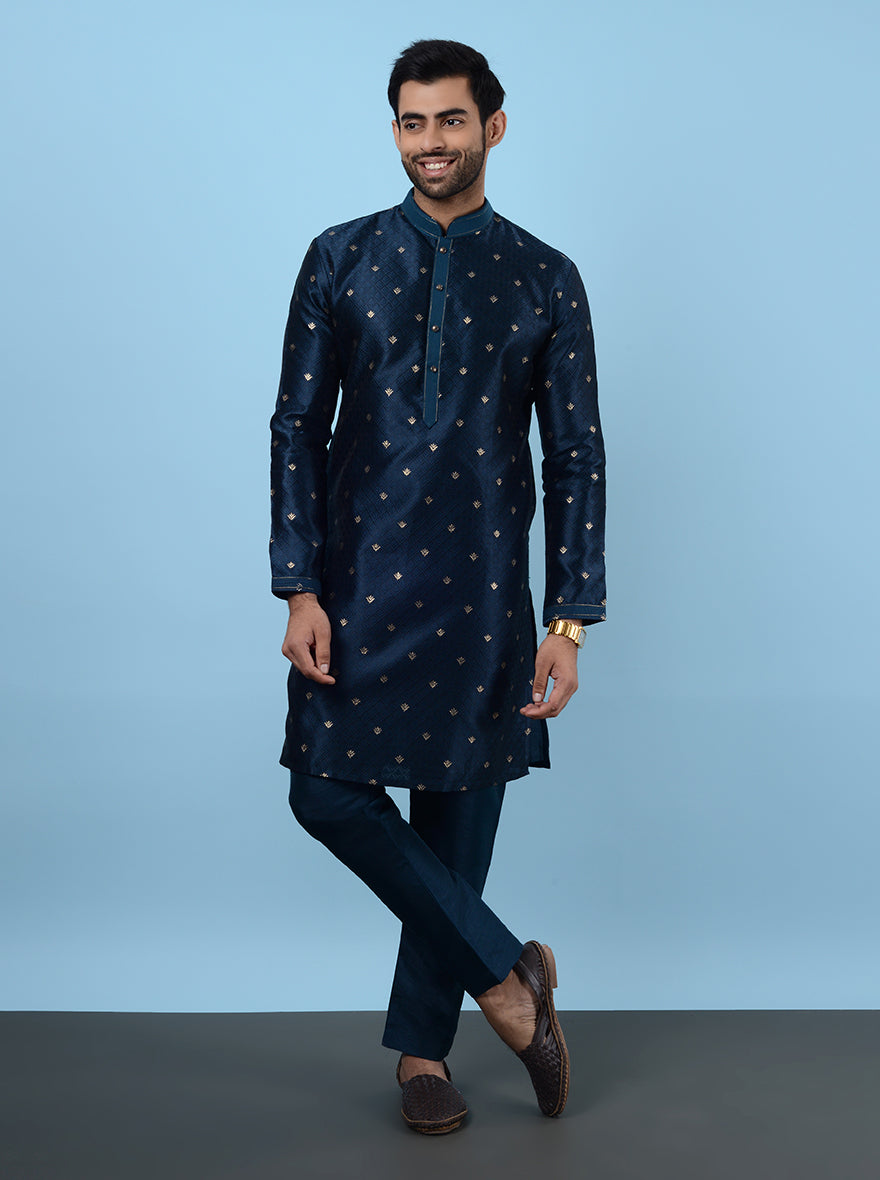 Silk jacquard peacock blue kurta pajama, ideal for USA festive mehndi events.