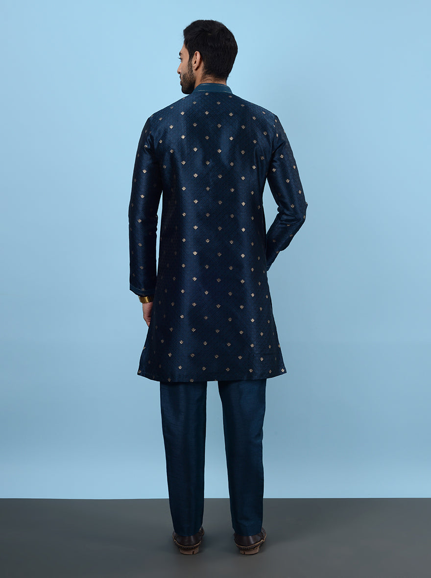 Elegant peacock blue kurta pajama, embroidered silk jacquard for USA men’s mehndi.