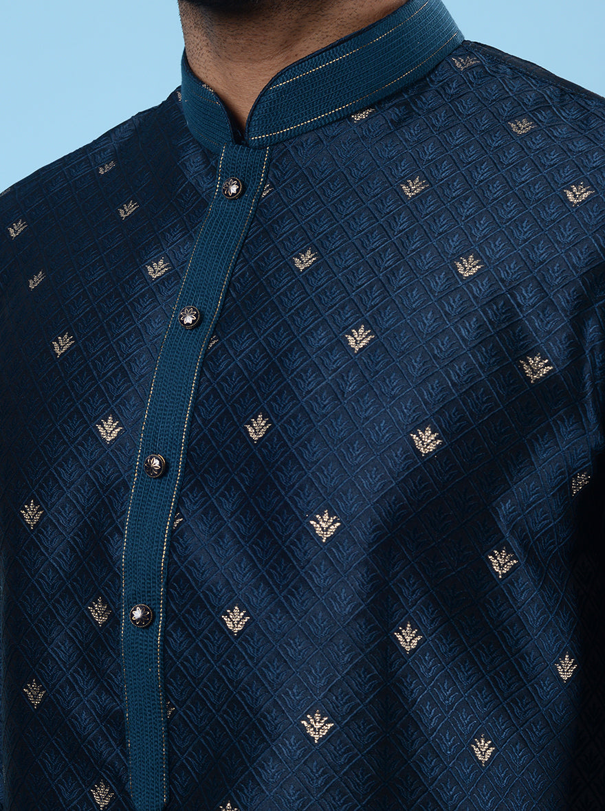 Peacock blue kurta pajama, silk jacquard with embroidery for USA men’s mehndi.