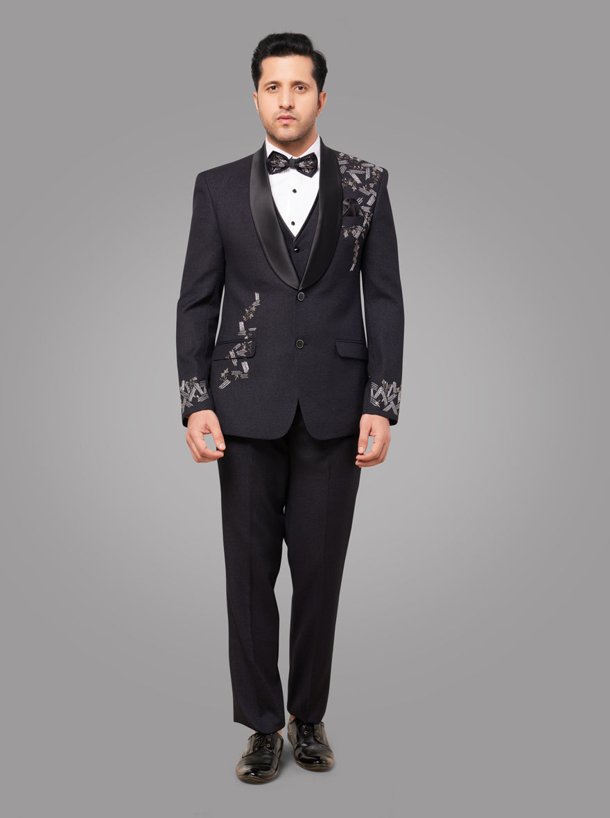 Luxurious black jute blend regular fit suit featuring unique placement embroidery, perfect for receptions and formal events.