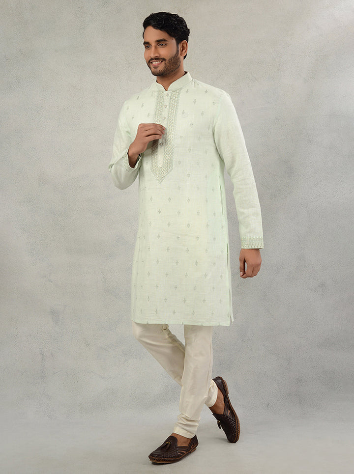 Experience comfort and elegance with this Pista Green Linen Kurta Pajama, crafted for festive occasions in the USA.