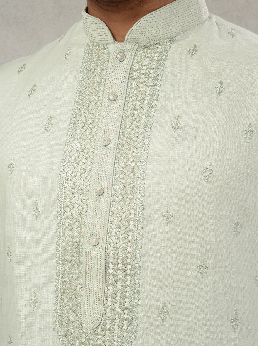 Shine at every event in this chic Pista Green Linen Kurta Pajama, ideal for any occasion in the USA.