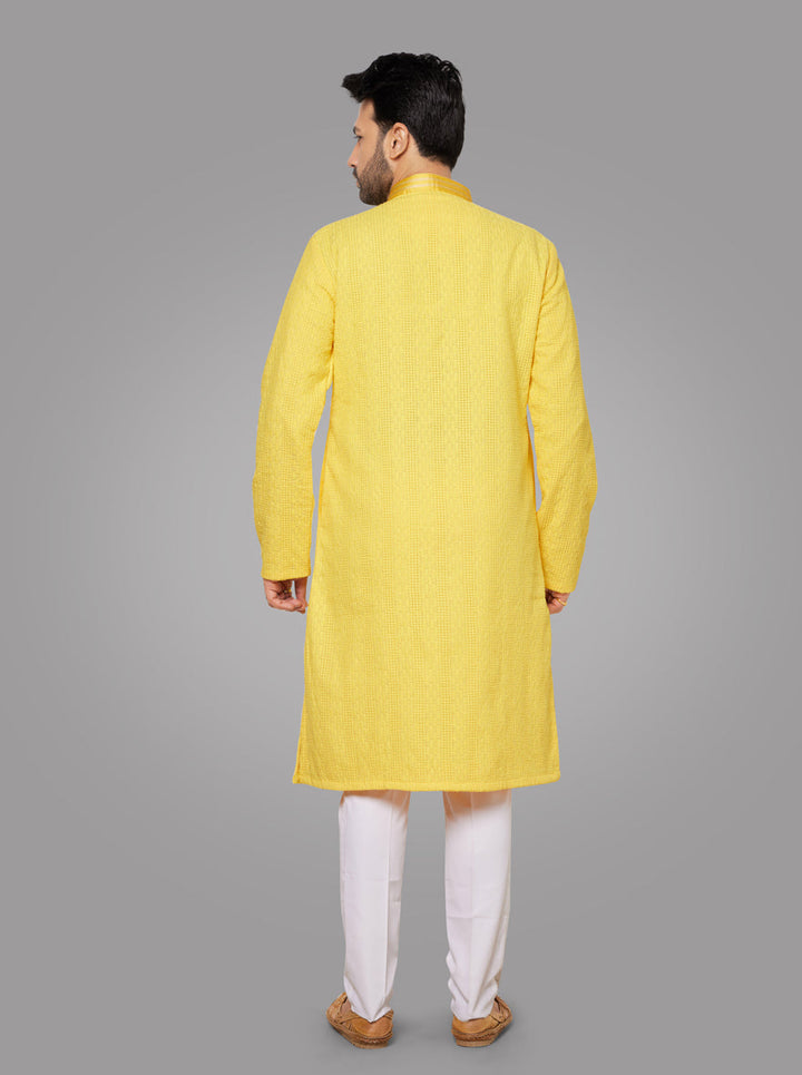 Comfortable yellow kurta pajama for family gatherings and celebrations.