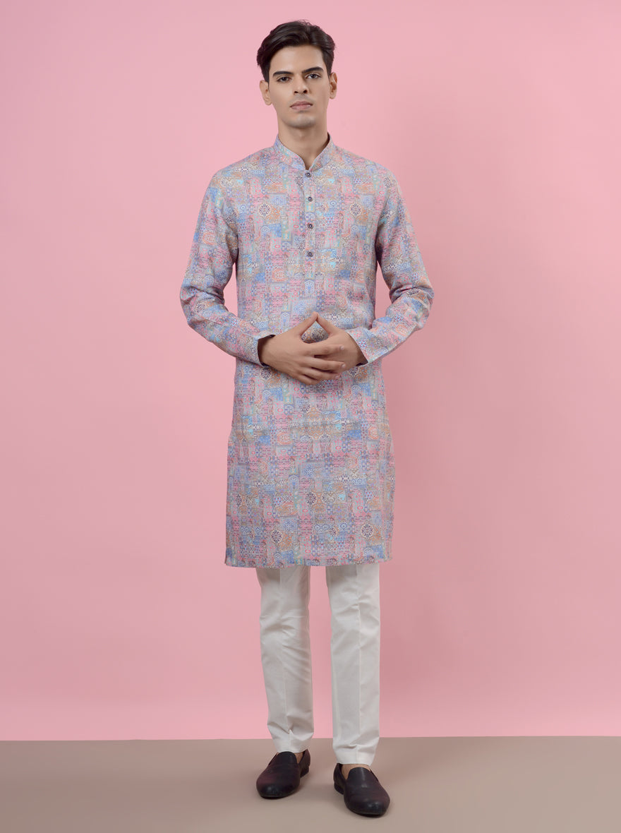 Celebrate in sophistication with this unique blue kurta pajama, perfect for festive events.