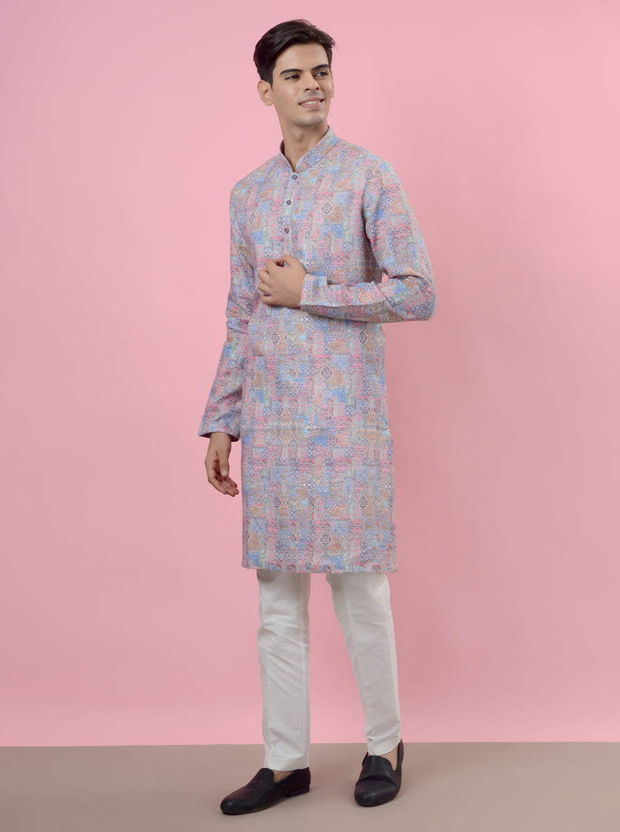 Make a statement at gatherings with our charming blue kurta pajama featuring chic prints.