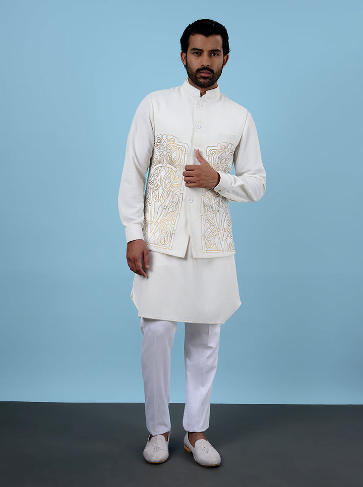 Elegant cream kurta pajama for men, ideal for haldi and pooja events.