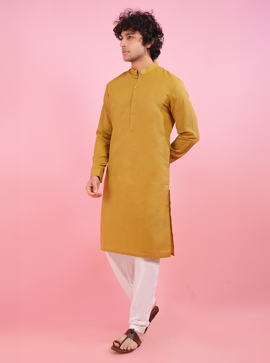 Step out in style with this yellow khadi blend kurta pajama, a perfect choice for semi-casual events in the USA.