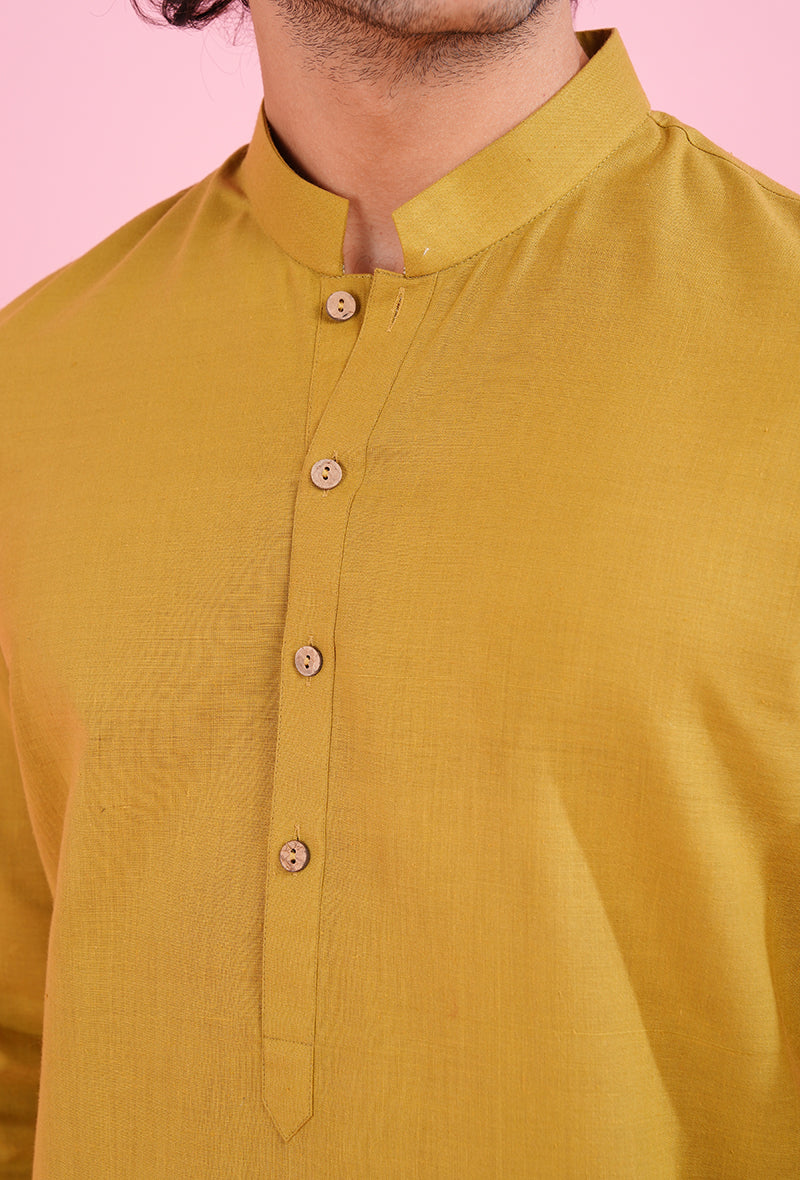 Yellow ethnic khadi blend kurta pajama set for men, ideal for traditional USA events.