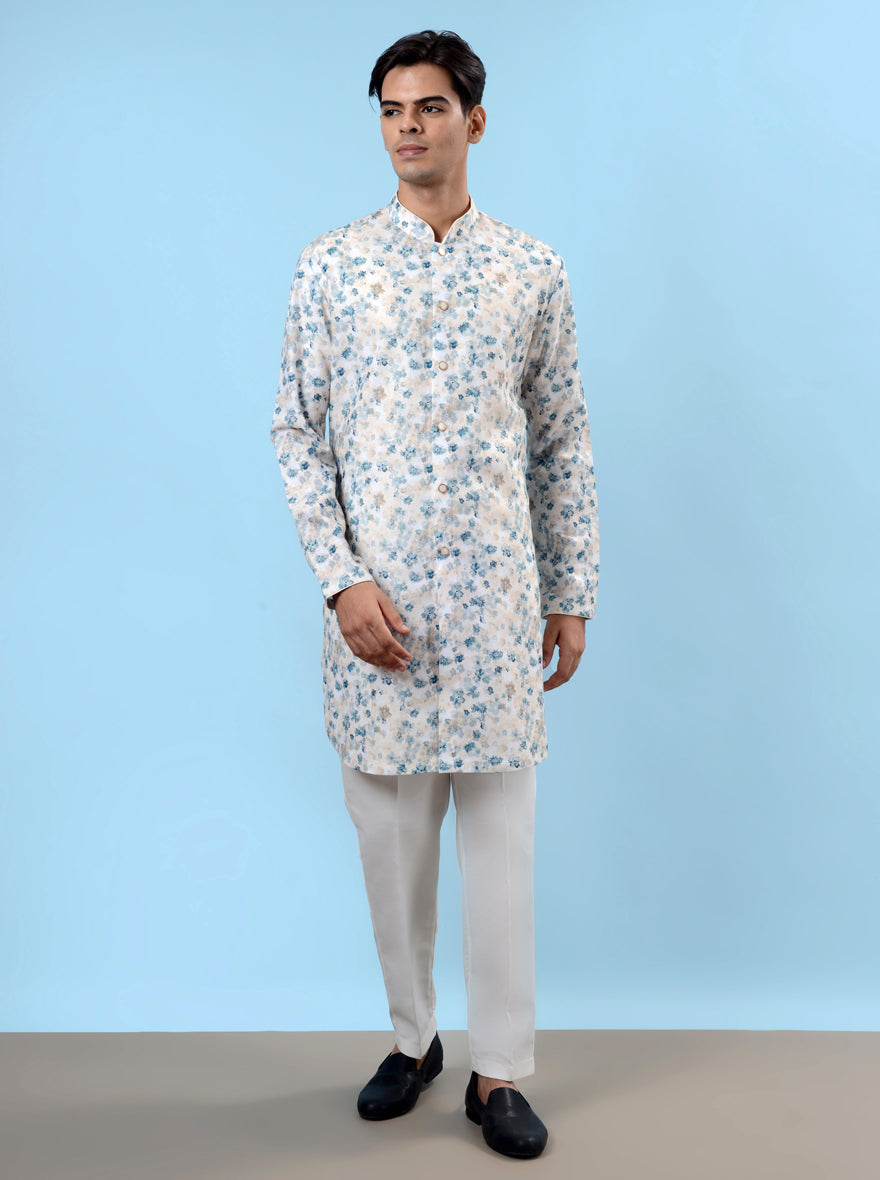 Unique cream and blue kurta pajama set for men, ideal for festive celebrations and gatherings.