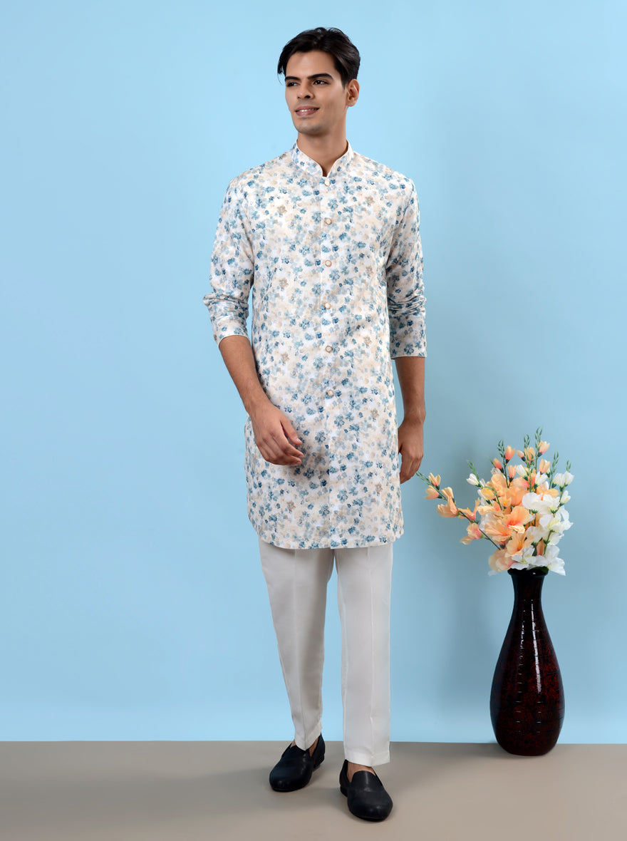 Stylish cream and blue kurta pajama designed to merge tradition with modern flair.