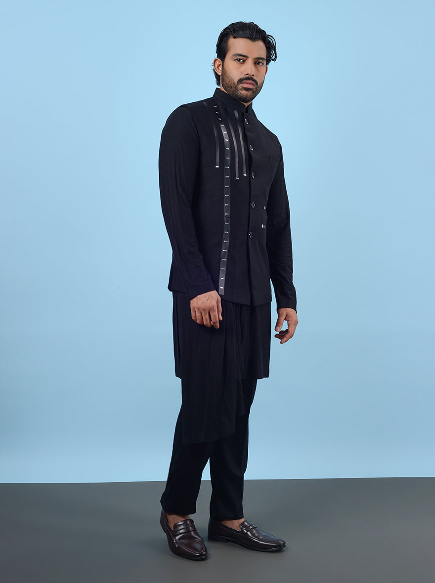 Chic black kurta set with koti for men, combining modern style and tradition for a standout look at USA events.