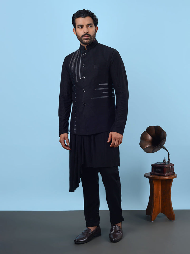 Contemporary black kurta set for men, crafted with silk blend and koti, ensuring style at every special gathering in the USA.