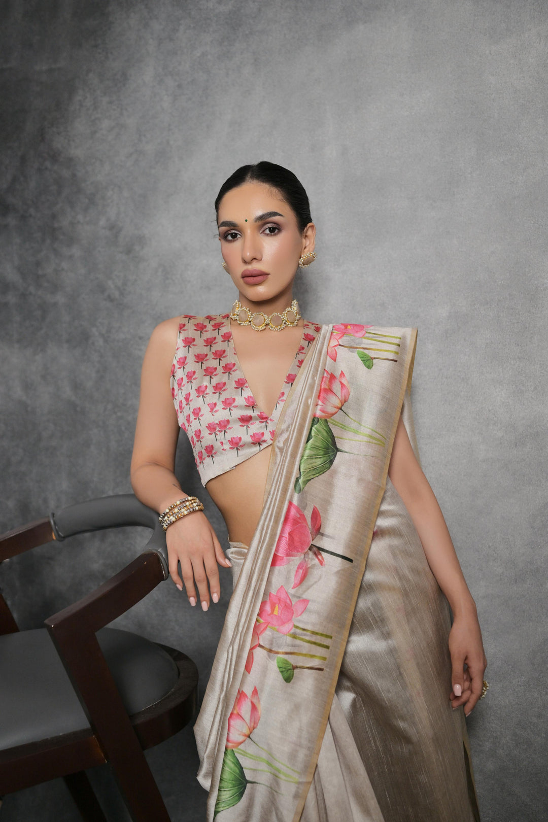 Elegant Tussar silk saree with lotus accents on pallu and border