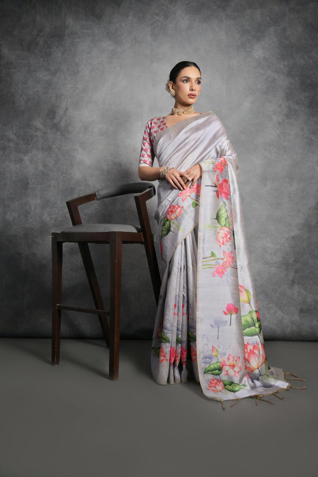 Classic Tussar silk saree with lotus border and floral prints, great for weddings