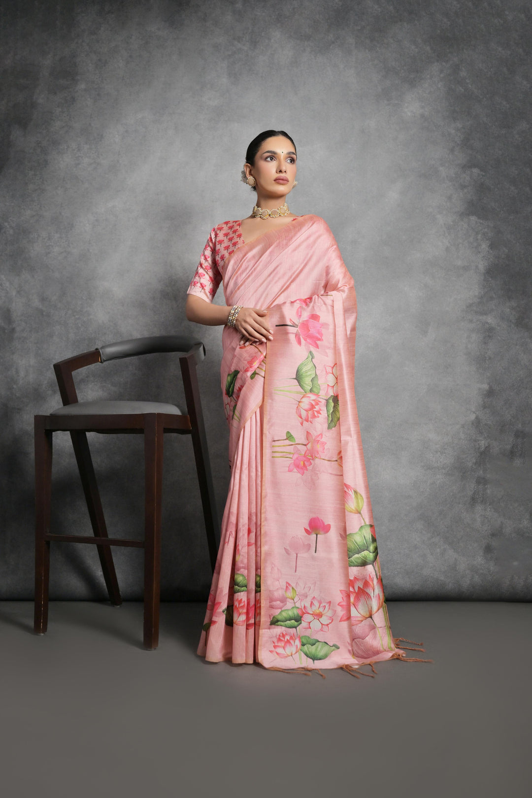 Tussar silk saree with classic lotus and floral prints, perfect for festivals