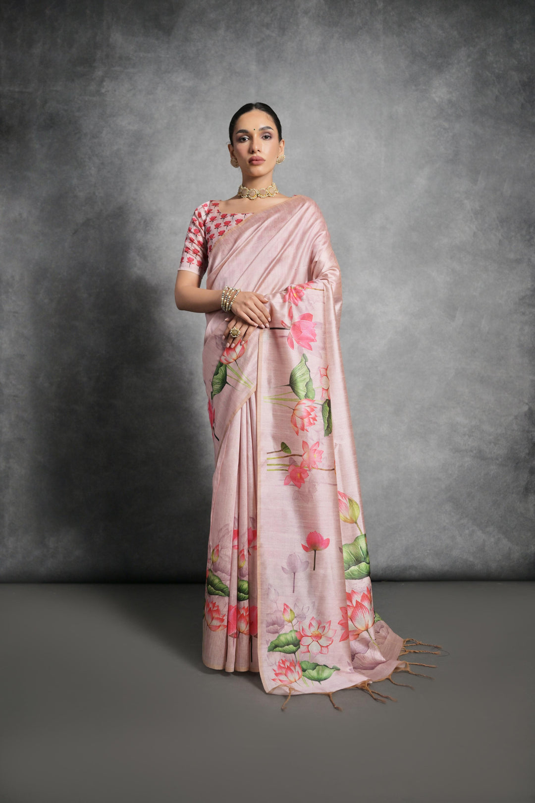 Soft Tussar silk saree featuring lotus on pallu and floral print body