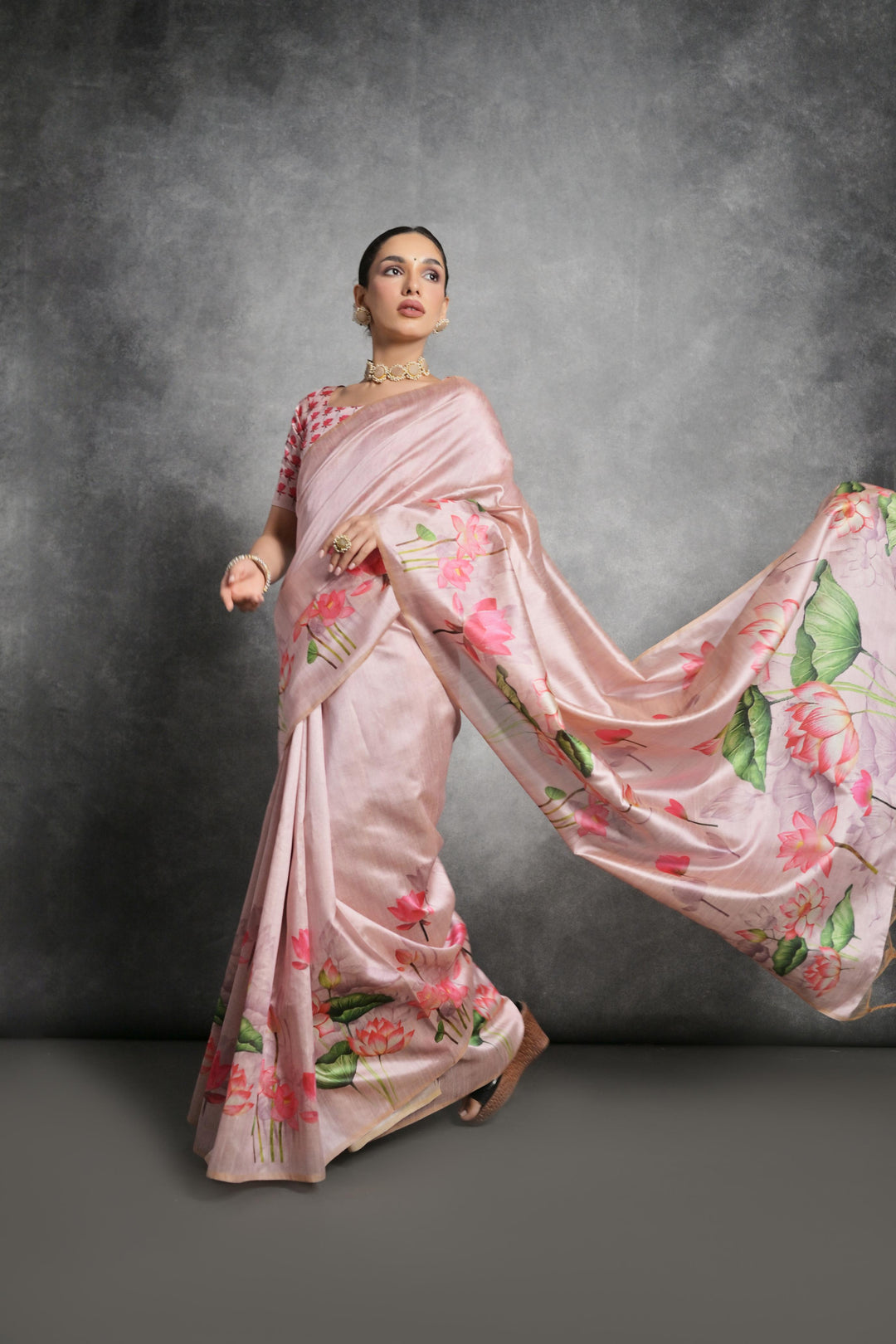 Beautiful Tussar silk saree with floral prints and lotus-inspired pallu