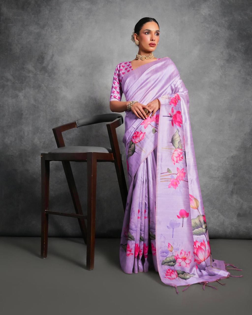 Floral and lotus print Tussar silk saree, crafted for special celebrations