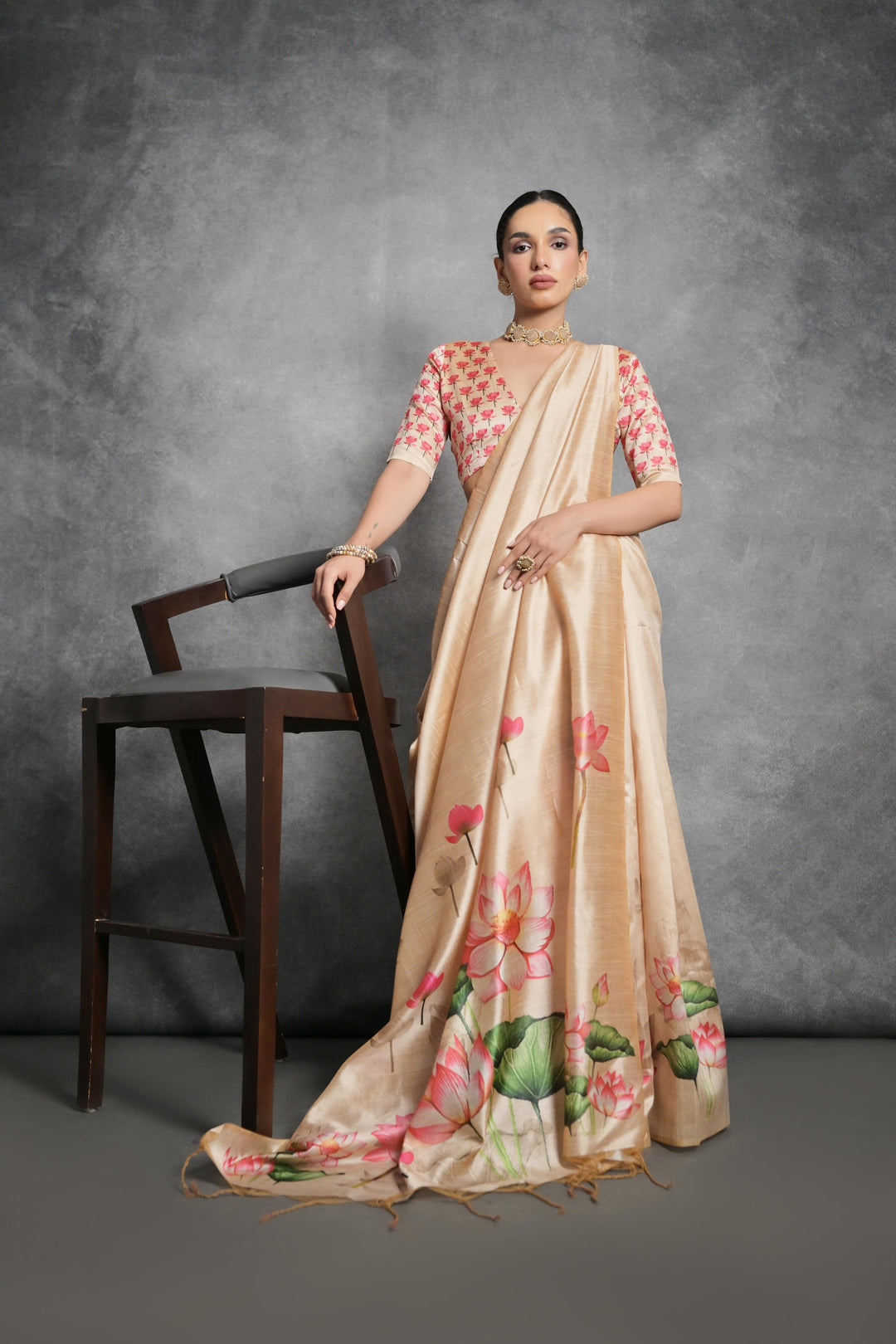 Tussar silk saree with traditional lotus print border and floral body design