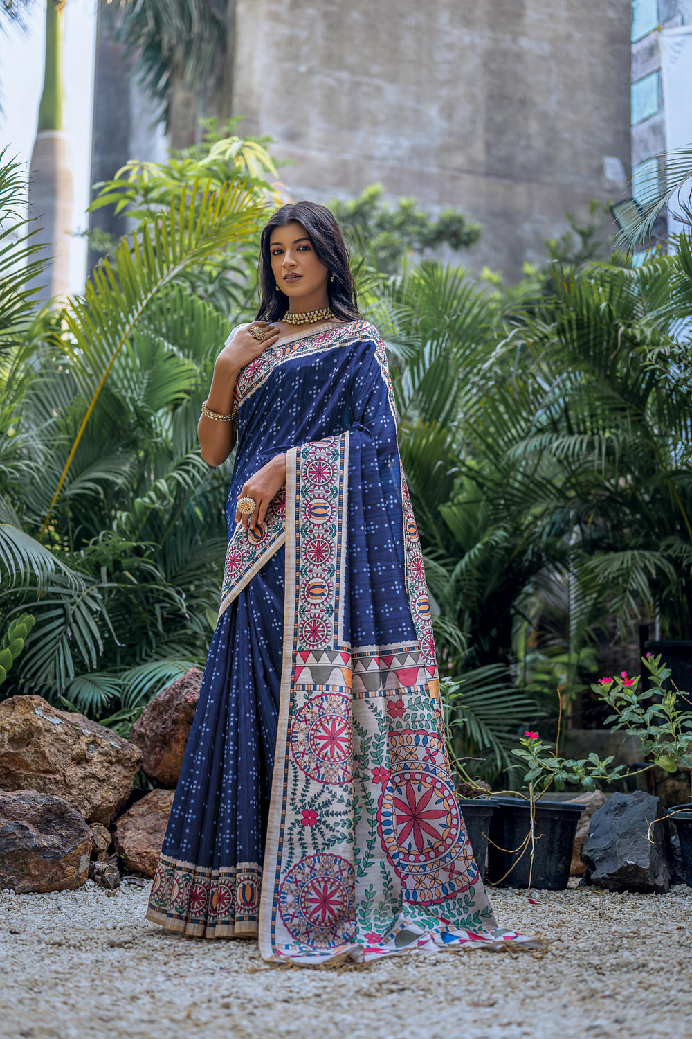 Tussar silk saree with Bandhani prints and Madhubani pallu, ideal for festivities