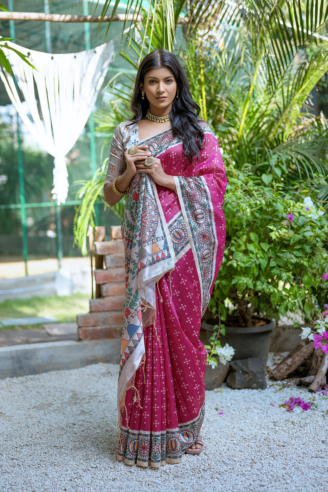 Tussar silk saree with Bandhani print and Madhubani-style pallu