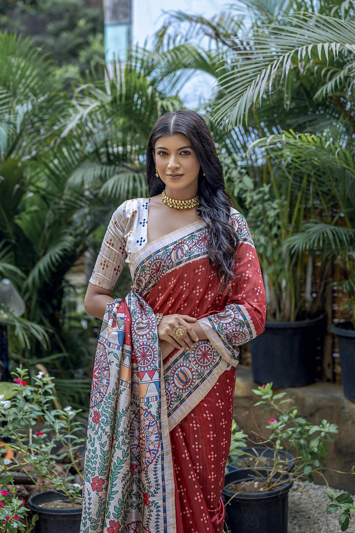 Soft Tussar silk saree featuring Madhubani and Bandhani prints