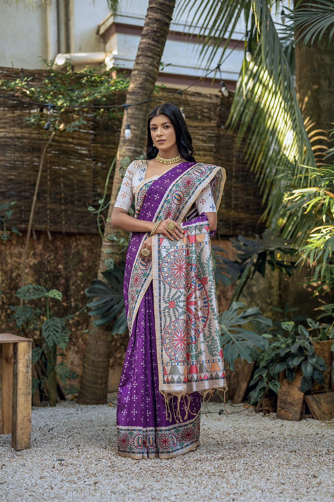 Cultural Tussar silk saree with Madhubani pallu, Bandhani body, and contrast blouse