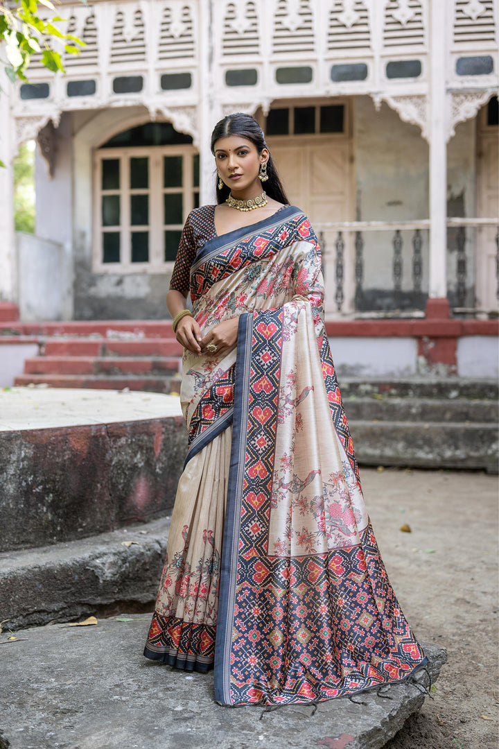 Elegant Tussar silk saree with Patola print on pallu and border