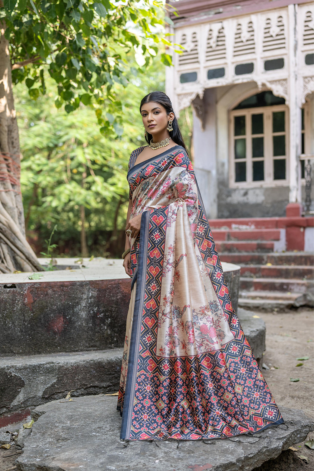 Beautiful Patola print Tussar silk saree with classic floral pattern