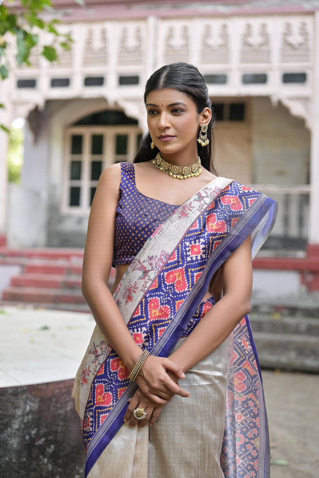 Classic Tussar silk saree with floral jal pattern and Patola accents