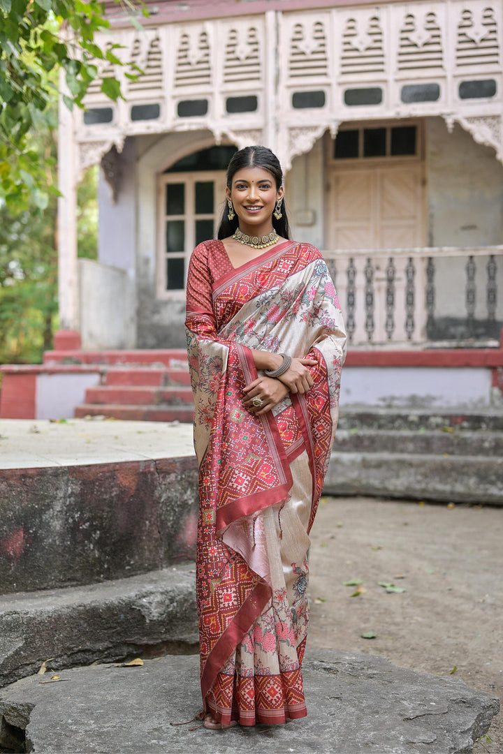 Tussar silk saree with bold floral print, perfect for special US events