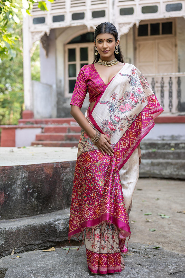 Soft, luxurious Tussar silk saree with floral and Patola motifs for USA events