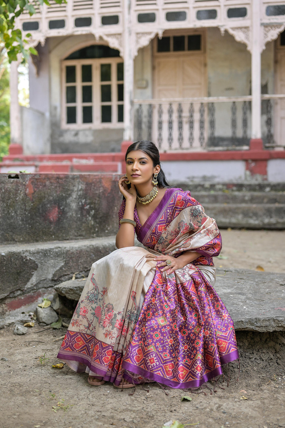 Festive Patola print Tussar silk saree with floral design for special occasions