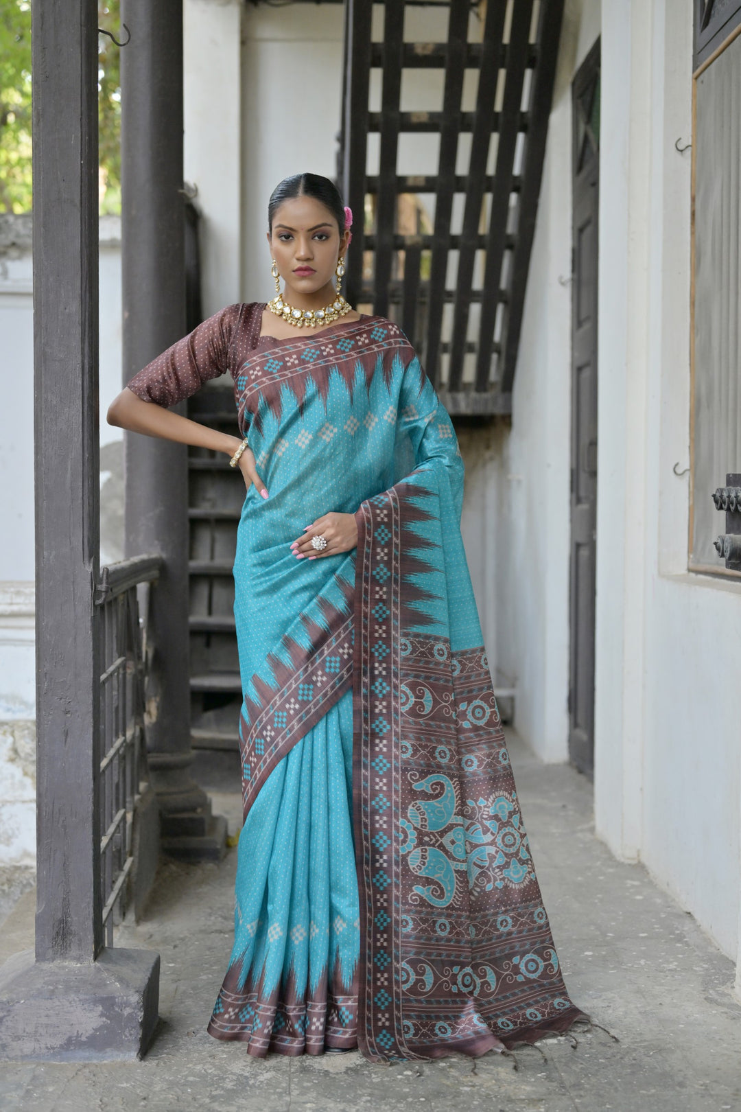 Elegant Tussar silk saree with temple-printed border for USA spiritual occasions