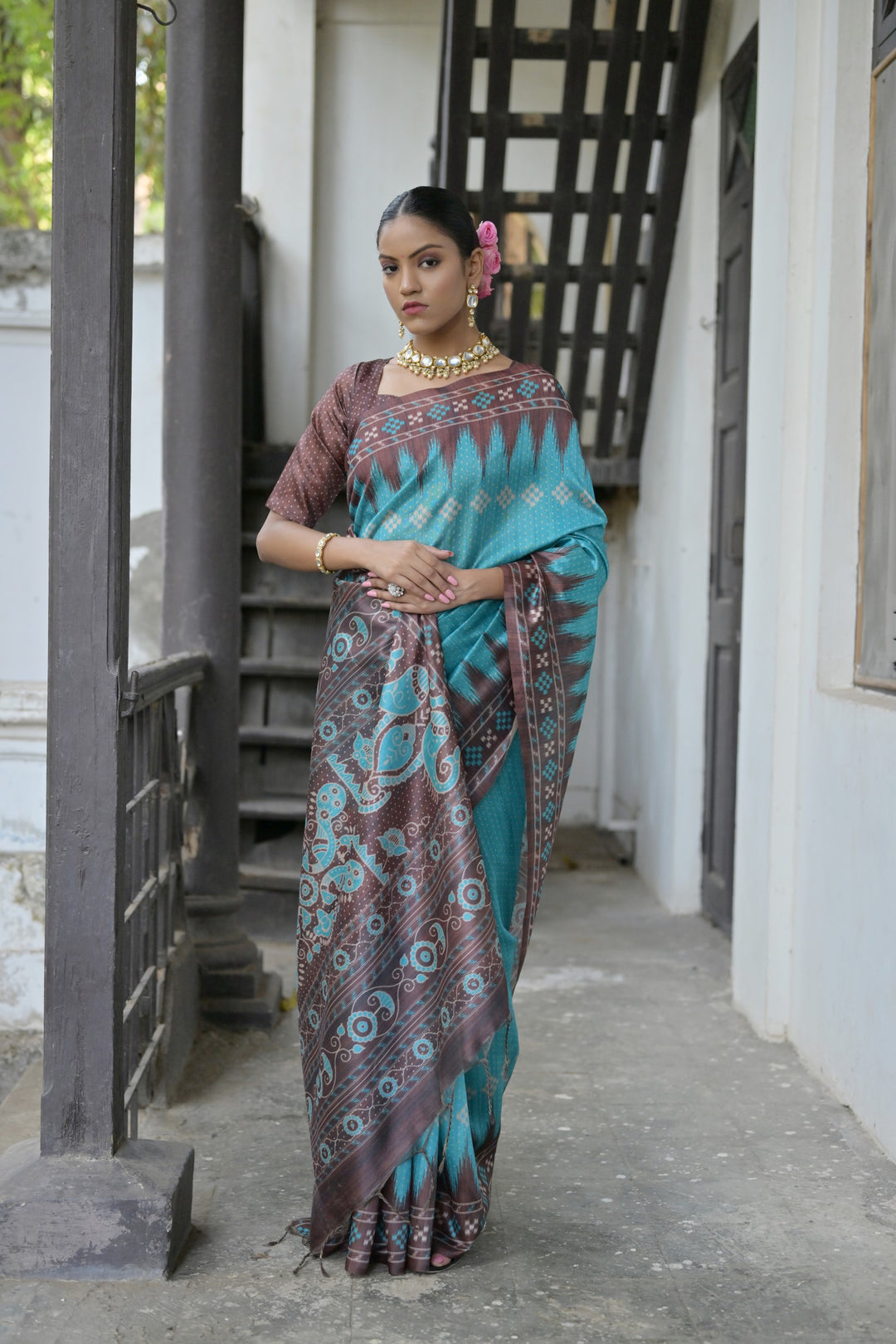 Soft Tussar silk saree with Ikkat print pallu and tassels, ideal for USA festivals