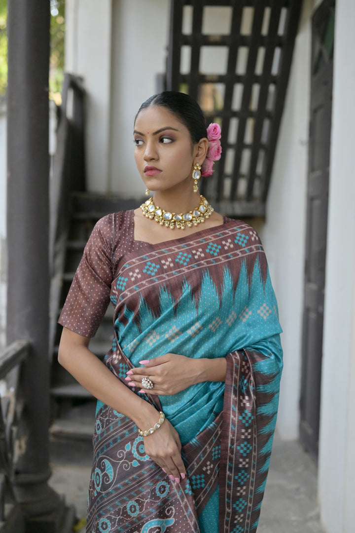 Tussar silk saree with traditional temple print, crafted for elegant USA celebrations