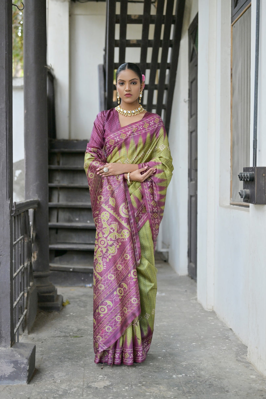 USA-focused Tussar silk saree with temple-printed border and tassels