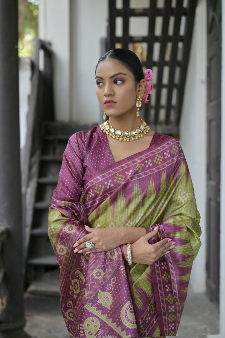 Classic Tussar saree with Ikkat print pallu, designed for American festivals