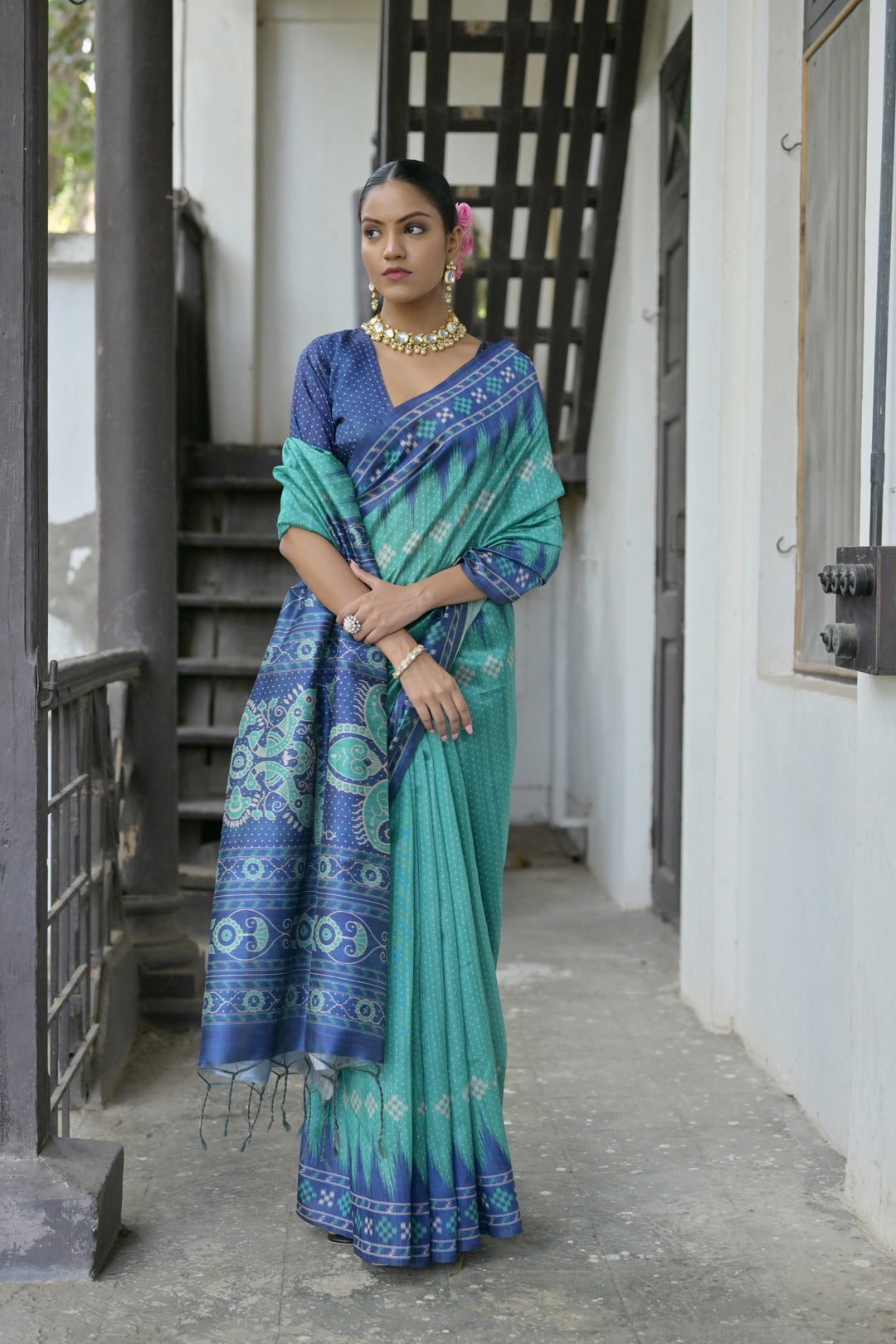 Elegant Tussar silk saree with matching blouse, perfect for USA celebrations