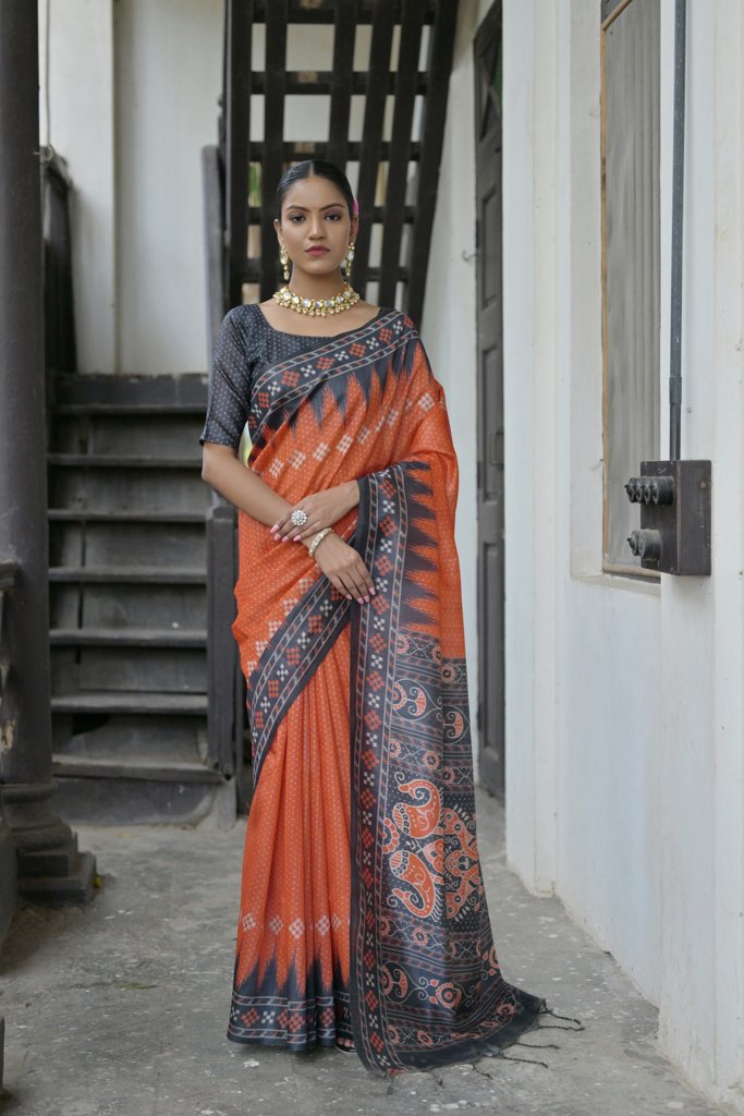 Traditional Tussar silk saree with temple border, perfect for USA celebrations