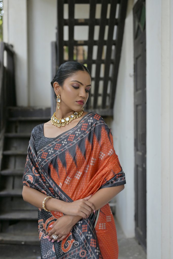 Soft Tussar silk saree with temple border and matching blouse for USA festivals