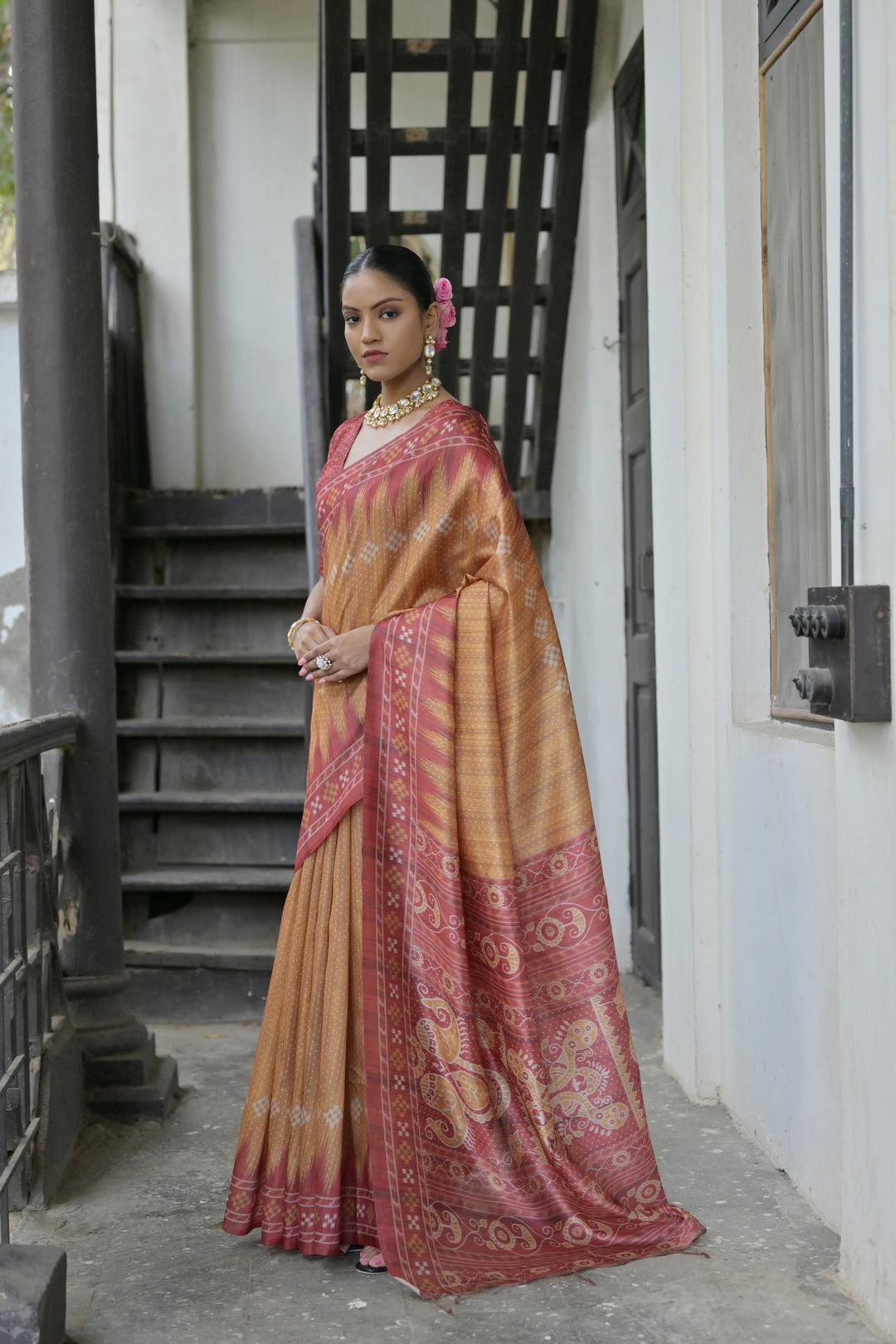 Soft Tussar saree with Ikkat pallu, perfect for spiritual gatherings in the USA