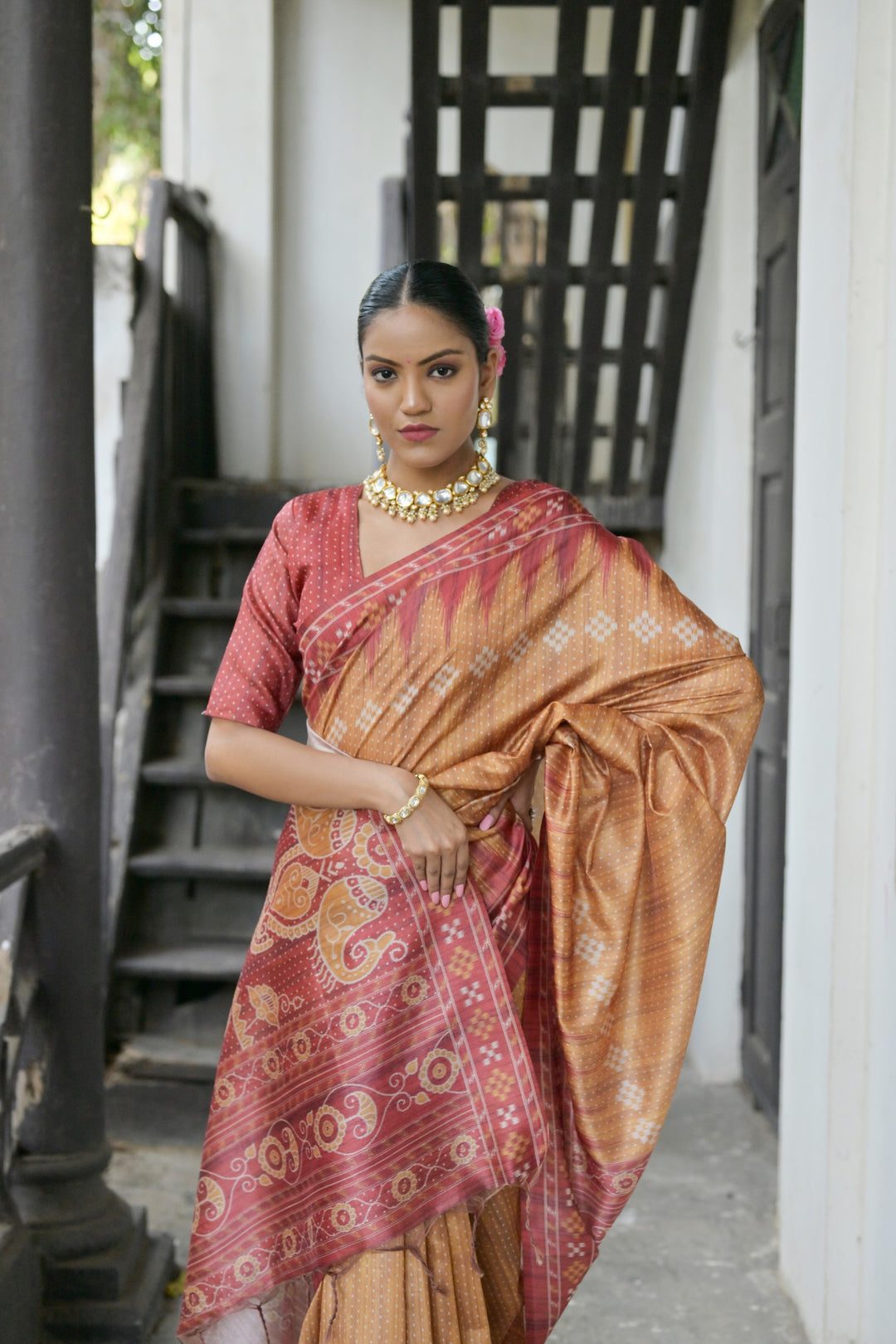 Elegant Tussar silk saree with Ikkat pallu, crafted for American festivals