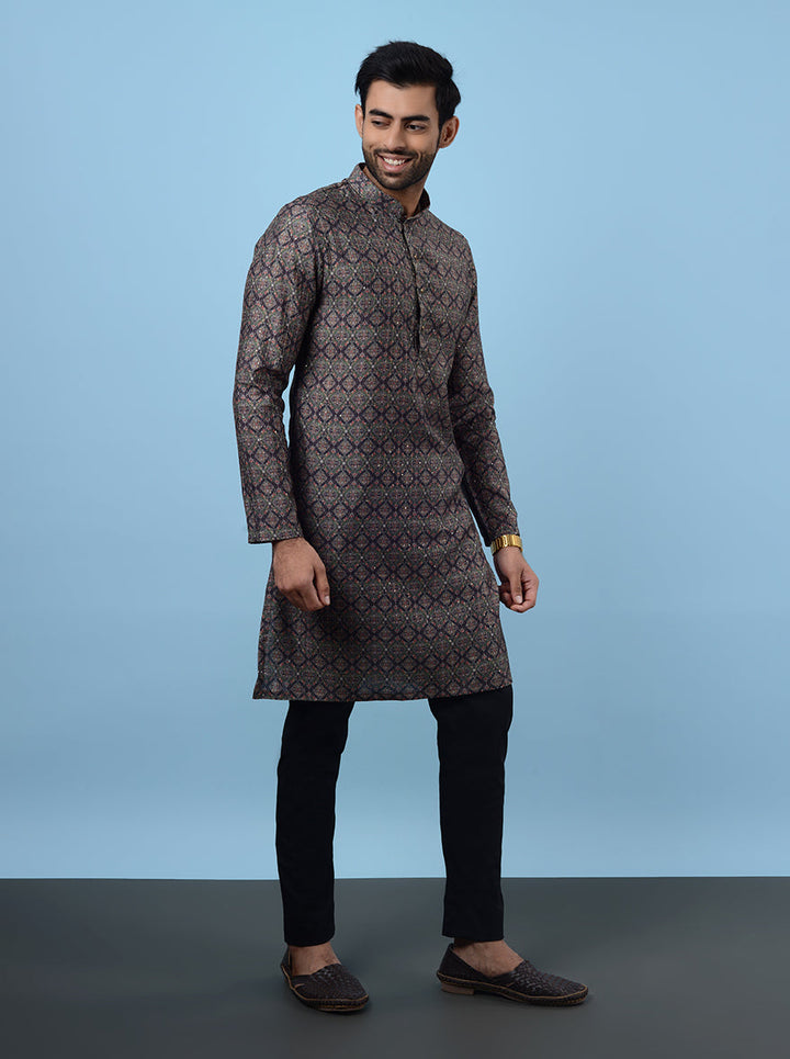 Elegant grey kurta pajama, showcasing traditional design elements.