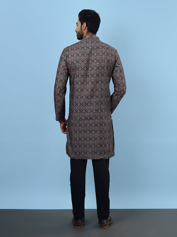 Premium silk blend grey kurta pajama, ideal for mehndi celebrations.